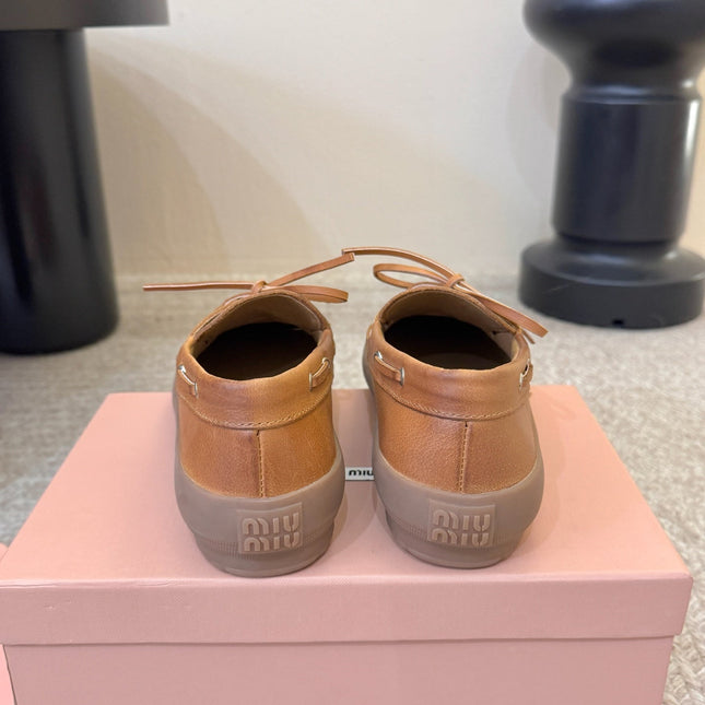 MIUMIU 26S LACE-UP LOAFERS IN COGNAC BROWN CALFSKIN RUBBER SOLE