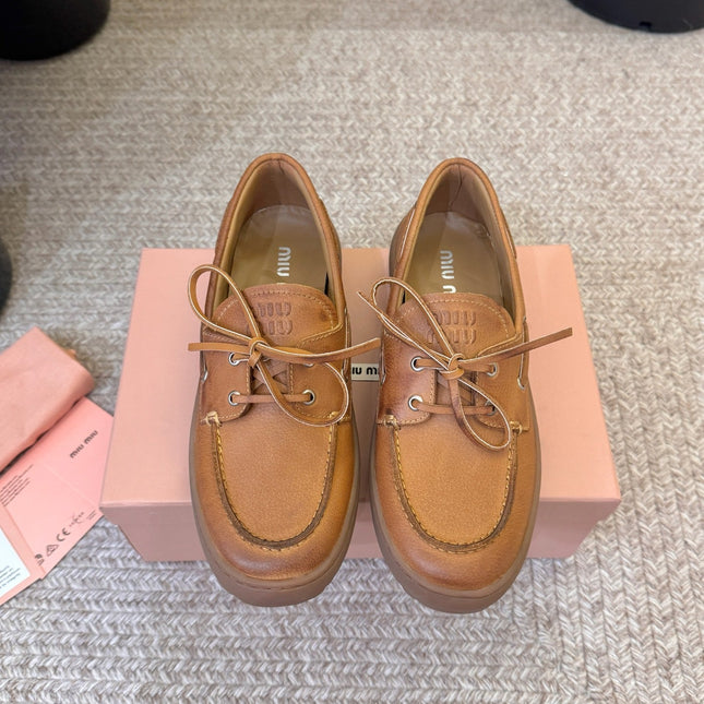 MIUMIU 26S LACE-UP LOAFERS IN COGNAC BROWN CALFSKIN RUBBER SOLE