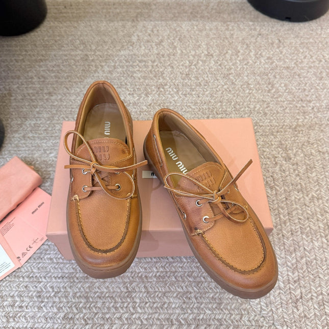 MIUMIU 26S LACE-UP LOAFERS IN COGNAC BROWN CALFSKIN RUBBER SOLE