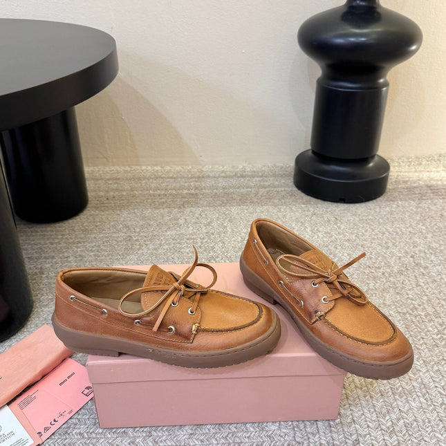 MIUMIU 26S LACE-UP LOAFERS IN COGNAC BROWN CALFSKIN RUBBER SOLE