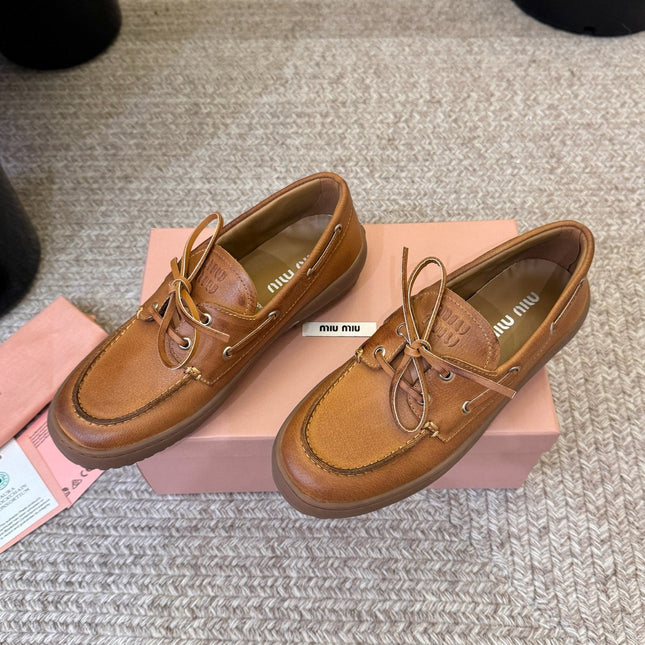 MIUMIU 26S LACE-UP LOAFERS IN COGNAC BROWN CALFSKIN RUBBER SOLE