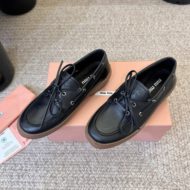 MIUMIU 26S LACE-UP LOAFERS IN BLACK CALFSKIN RUBBER SOLE