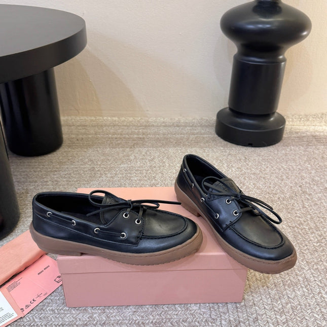 MIUMIU 26S LACE-UP LOAFERS IN BLACK CALFSKIN RUBBER SOLE