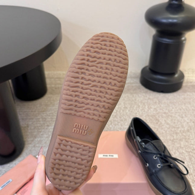 MIUMIU 26S LACE-UP LOAFERS IN BLACK CALFSKIN RUBBER SOLE