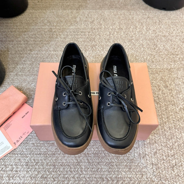 MIUMIU 26S LACE-UP LOAFERS IN BLACK CALFSKIN RUBBER SOLE