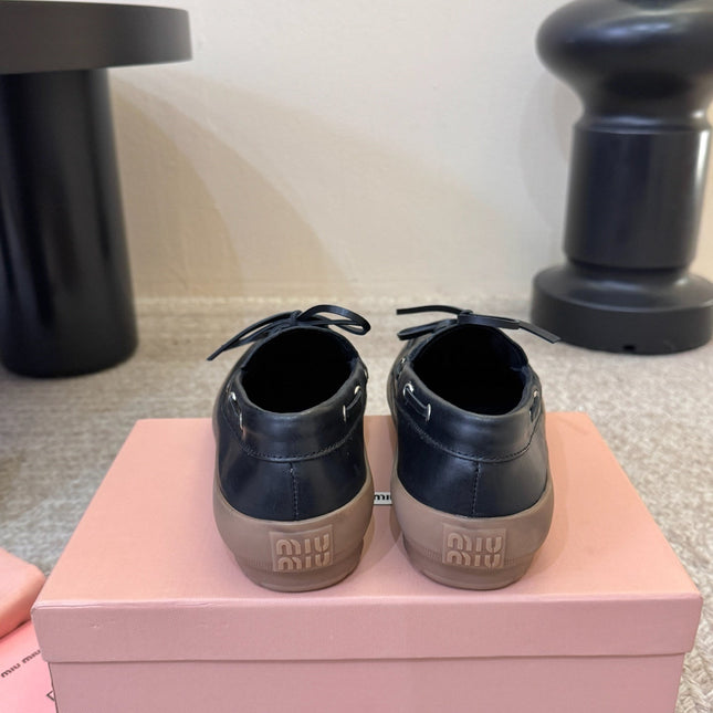 MIUMIU 26S LACE-UP LOAFERS IN BLACK CALFSKIN RUBBER SOLE