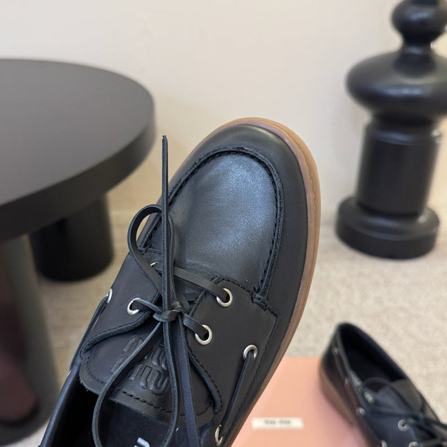 MIUMIU 26S LACE-UP LOAFERS IN BLACK CALFSKIN RUBBER SOLE