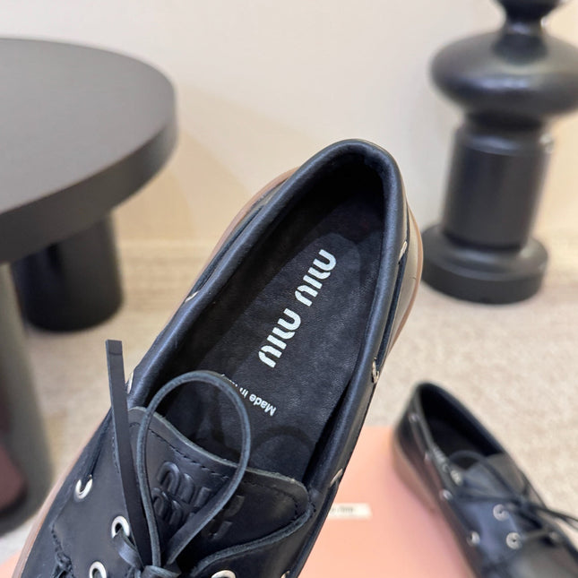 MIUMIU 26S LACE-UP LOAFERS IN BLACK CALFSKIN RUBBER SOLE