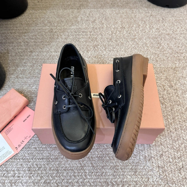 MIUMIU 26S LACE-UP LOAFERS IN BLACK CALFSKIN RUBBER SOLE