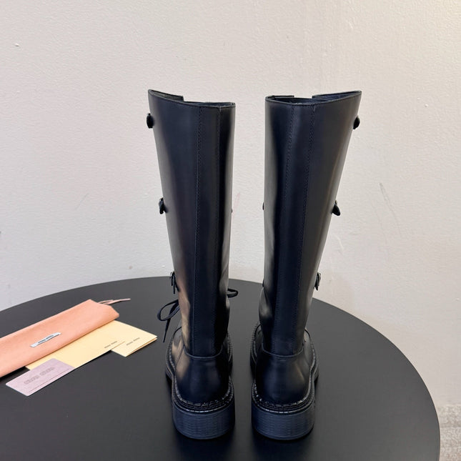 MIUMIU 26S LACE-UP KNEE-HIGH BOOTS IN BLACK CALFSKIN