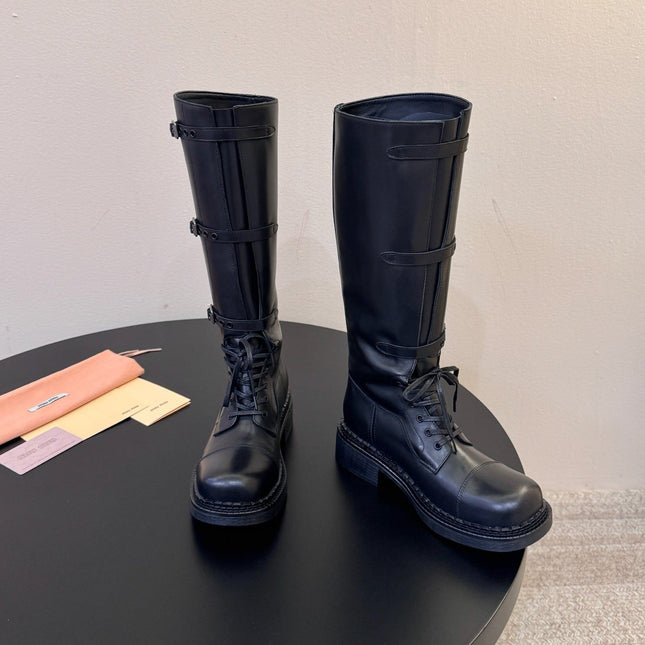 MIUMIU 26S LACE-UP KNEE-HIGH BOOTS IN BLACK CALFSKIN