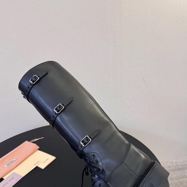 MIUMIU 26S LACE-UP KNEE-HIGH BOOTS IN BLACK CALFSKIN
