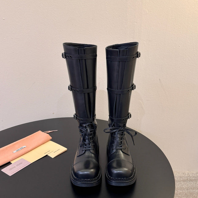 MIUMIU 26S LACE-UP KNEE-HIGH BOOTS IN BLACK CALFSKIN