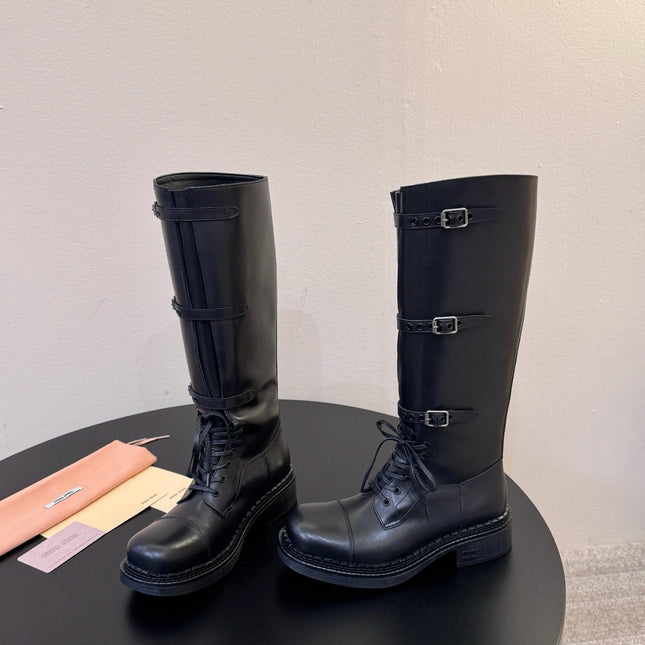 MIUMIU 26S LACE-UP KNEE-HIGH BOOTS IN BLACK CALFSKIN