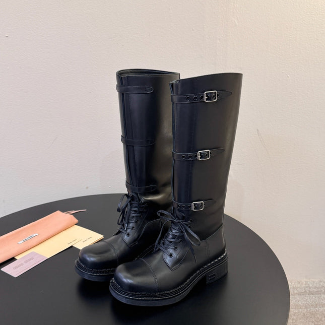 MIUMIU 26S LACE-UP KNEE-HIGH BOOTS IN BLACK CALFSKIN