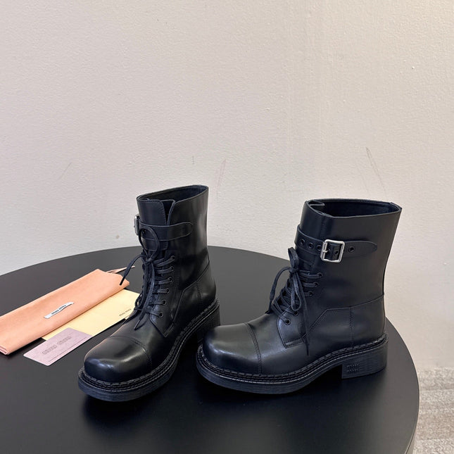 MIUMIU 26S LACE-UP ANKLE BOOTS IN BLACK CALFSKIN