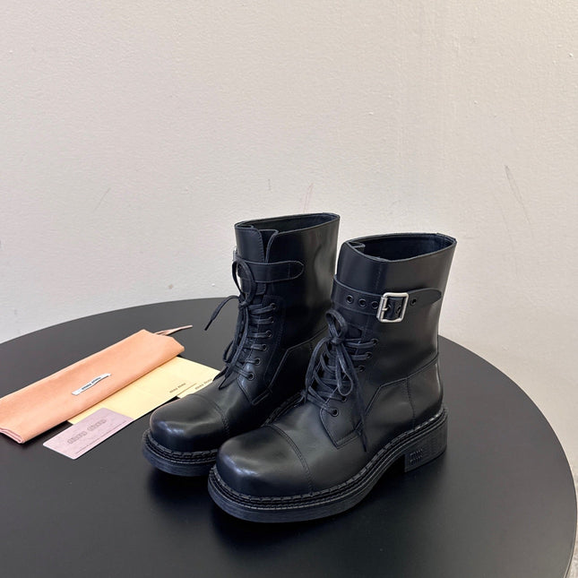 MIUMIU 26S LACE-UP ANKLE BOOTS IN BLACK CALFSKIN