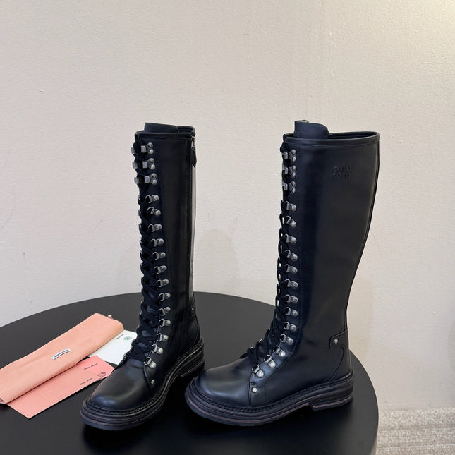 MIUMIU 26S HIGH HIKING BOOTS IN BLACK CALFSKIN