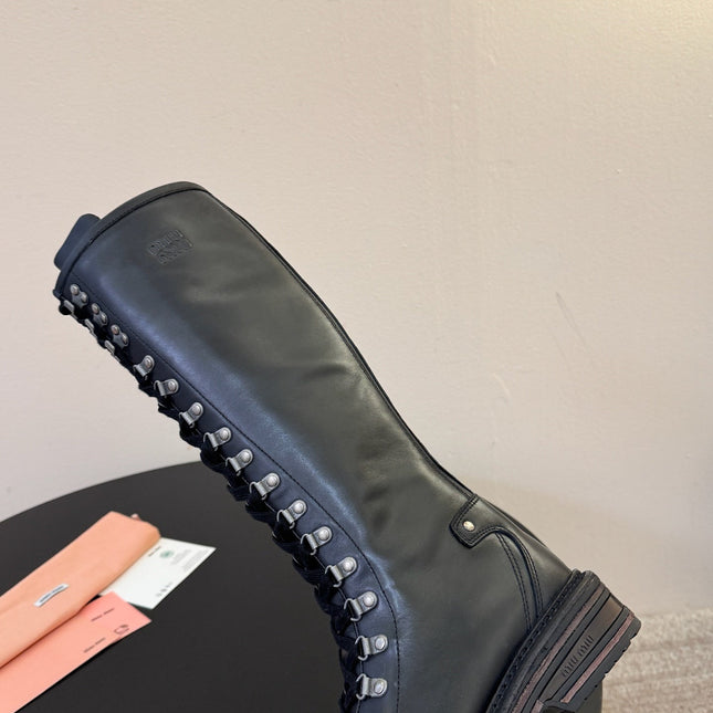 MIUMIU 26S HIGH HIKING BOOTS IN BLACK CALFSKIN