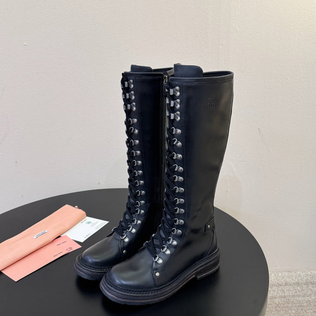 MIUMIU 26S HIGH HIKING BOOTS IN BLACK CALFSKIN