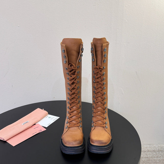 MIUMIU 26S HIGH HIKING BOOTS IN CAMEL BROWN CALFSKIN