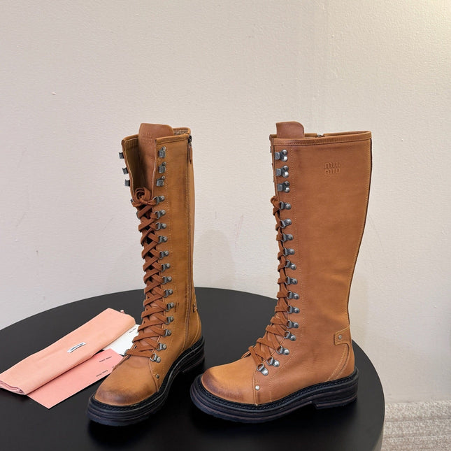 MIUMIU 26S HIGH HIKING BOOTS IN CAMEL BROWN CALFSKIN
