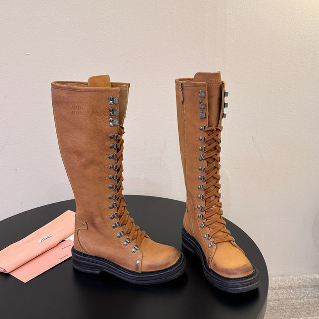 MIUMIU 26S HIGH HIKING BOOTS IN CAMEL BROWN CALFSKIN