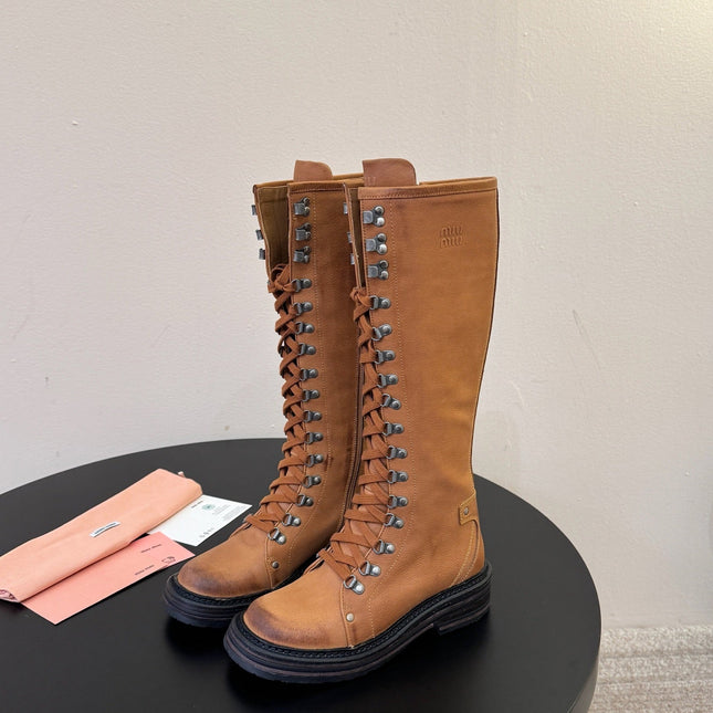 MIUMIU 26S HIGH HIKING BOOTS IN CAMEL BROWN CALFSKIN