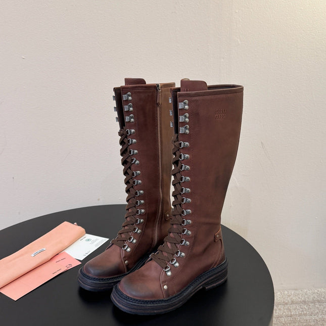 MIUMIU 26S HIGH HIKING BOOTS IN DARK BROWN CALFSKIN
