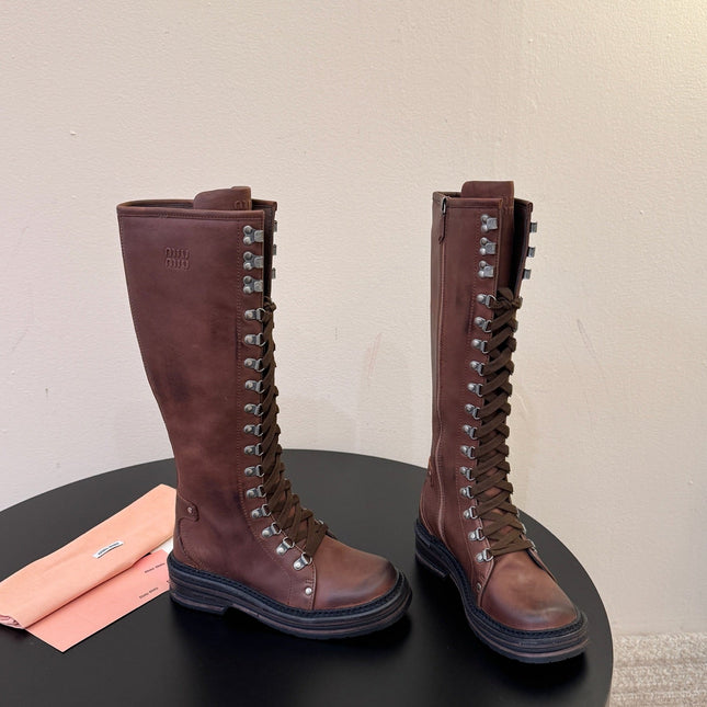 MIUMIU 26S HIGH HIKING BOOTS IN DARK BROWN CALFSKIN