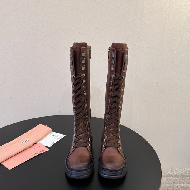 MIUMIU 26S HIGH HIKING BOOTS IN DARK BROWN CALFSKIN