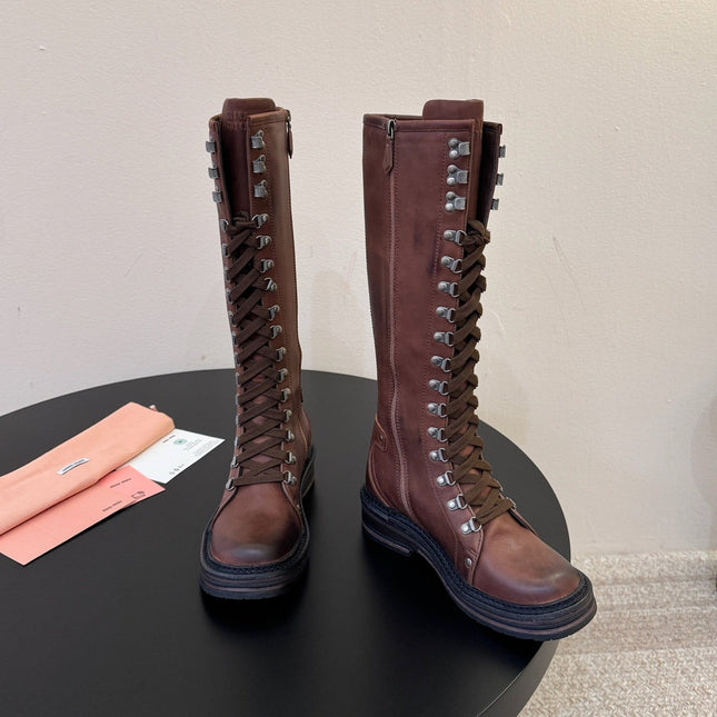 MIUMIU 26S HIGH HIKING BOOTS IN DARK BROWN CALFSKIN