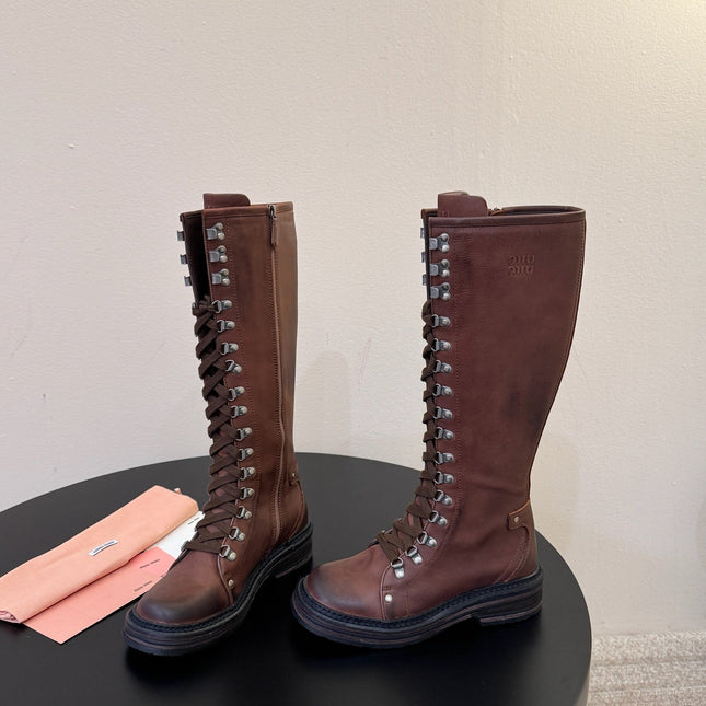 MIUMIU 26S HIGH HIKING BOOTS IN DARK BROWN CALFSKIN