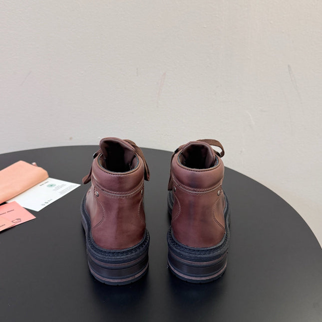 MIUMIU 26S ANKLE MOUNTAIN BOOTS IN DARK BROWN CALFSKIN