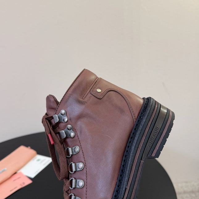 MIUMIU 26S ANKLE MOUNTAIN BOOTS IN DARK BROWN CALFSKIN