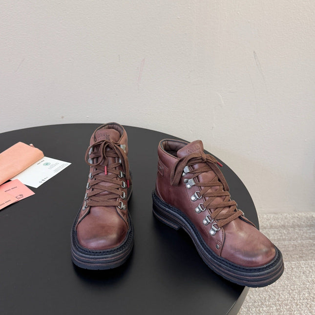 MIUMIU 26S ANKLE MOUNTAIN BOOTS IN DARK BROWN CALFSKIN