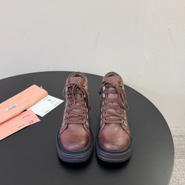 MIUMIU 26S ANKLE MOUNTAIN BOOTS IN DARK BROWN CALFSKIN