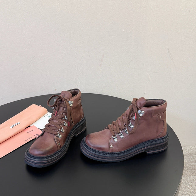 MIUMIU 26S ANKLE MOUNTAIN BOOTS IN DARK BROWN CALFSKIN