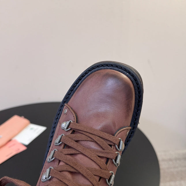 MIUMIU 26S ANKLE MOUNTAIN BOOTS IN DARK BROWN CALFSKIN
