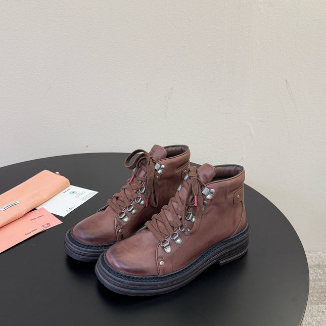 MIUMIU 26S ANKLE MOUNTAIN BOOTS IN DARK BROWN CALFSKIN