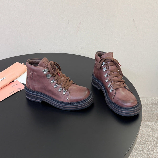 MIUMIU 26S ANKLE MOUNTAIN BOOTS IN DARK BROWN CALFSKIN