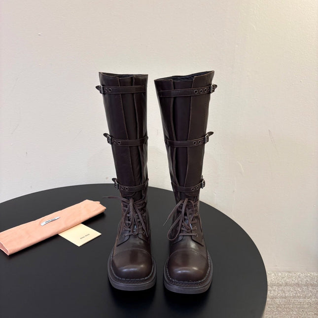 MIUMIU 26S LACE-UP KNEE-HIGH BOOTS IN DARK BROWN CALFSKIN