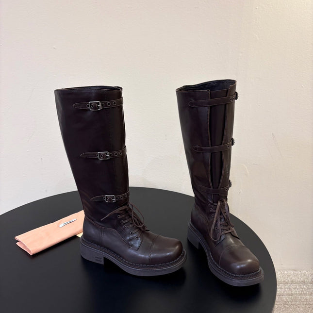 MIUMIU 26S LACE-UP KNEE-HIGH BOOTS IN DARK BROWN CALFSKIN