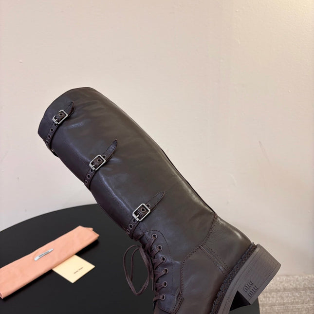 MIUMIU 26S LACE-UP KNEE-HIGH BOOTS IN DARK BROWN CALFSKIN