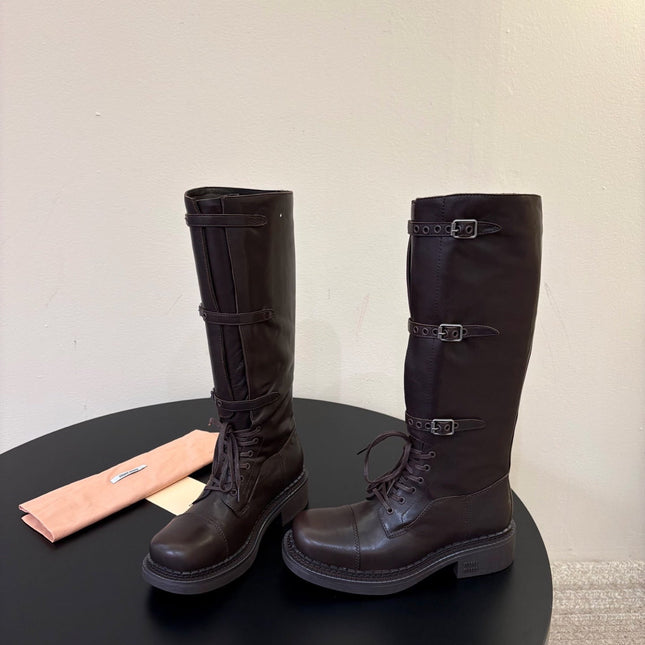 MIUMIU 26S LACE-UP KNEE-HIGH BOOTS IN DARK BROWN CALFSKIN