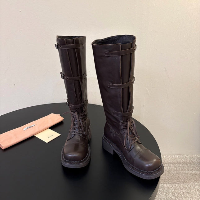 MIUMIU 26S LACE-UP KNEE-HIGH BOOTS IN DARK BROWN CALFSKIN