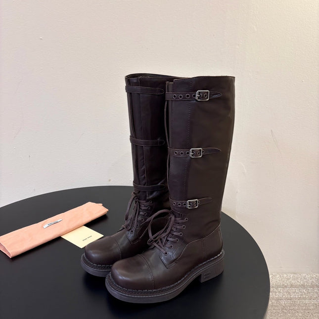 MIUMIU 26S LACE-UP KNEE-HIGH BOOTS IN DARK BROWN CALFSKIN