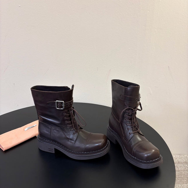 MIUMIU 26S LACE-UP ANKLE BOOTS IN BROWN CALFSKIN
