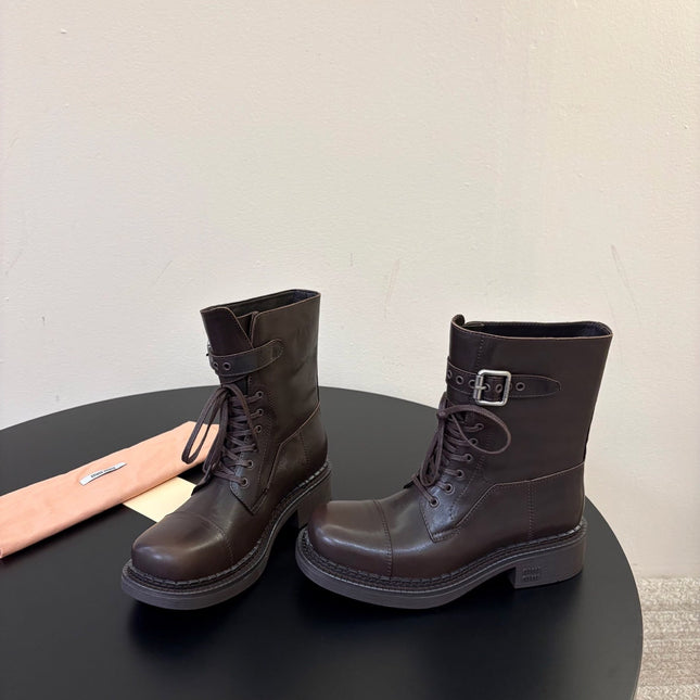 MIUMIU 26S LACE-UP ANKLE BOOTS IN BROWN CALFSKIN