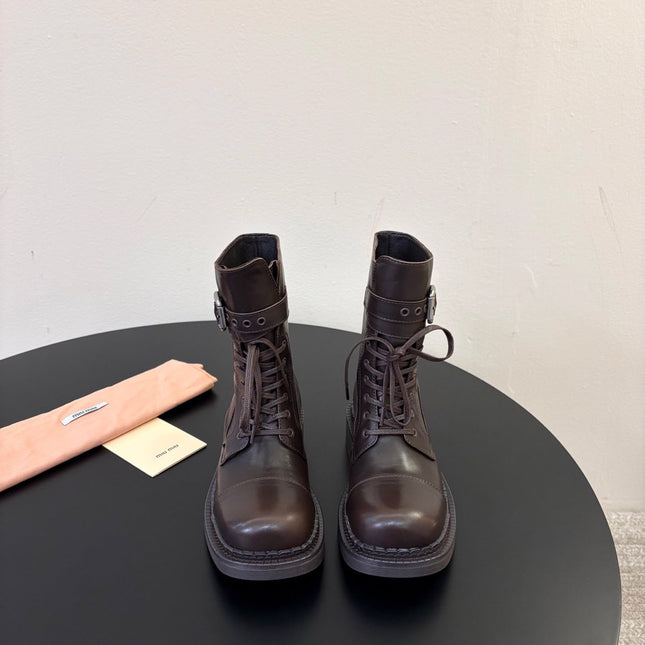 MIUMIU 26S LACE-UP ANKLE BOOTS IN BROWN CALFSKIN